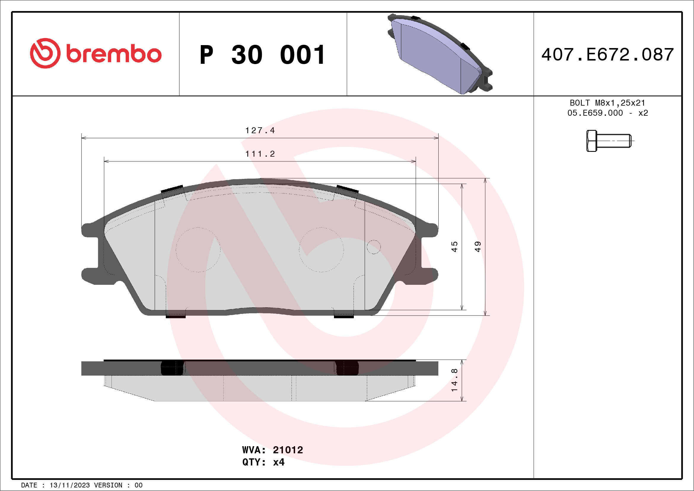 A.B.S. P 30 001 BREMBO Bremsbelagsatz, Scheibenbremse